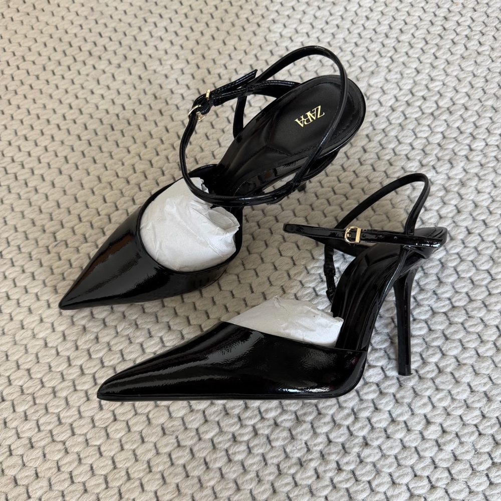 Zara Black Patent Slingback Ankle Strap Heels